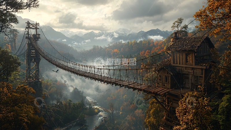 高清大图下载【趣麦麦图】悬索桥连接山间小屋