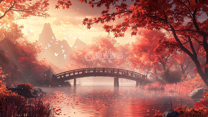 高清大图下载【趣麦麦图】红色秋叶小桥流水远山