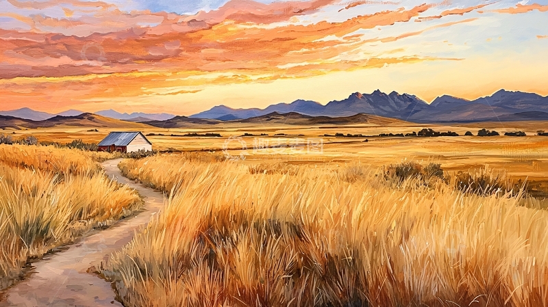 高清大图下载【趣麦麦图】金色麦田里的日落小屋