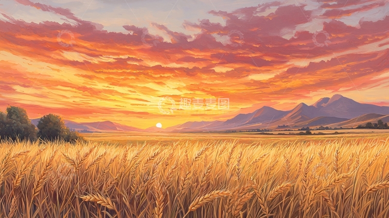 高清大图下载【趣麦麦图】金色麦田日落美景