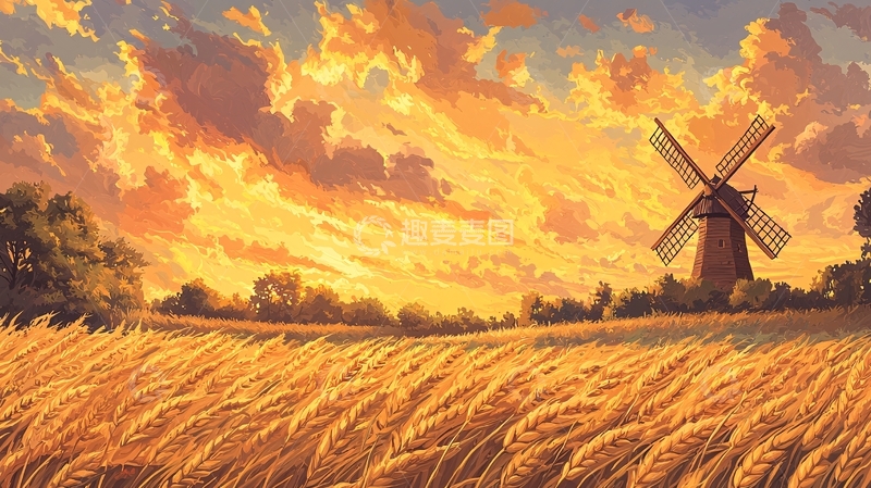 高清大图下载【趣麦麦图】麦田中的风车