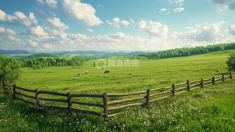 高清大图下载【趣麦麦图】绿色草地与木栅栏
