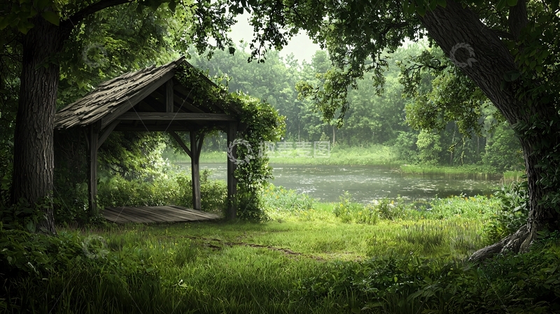 高清大图下载【趣麦麦图】林中小屋景色