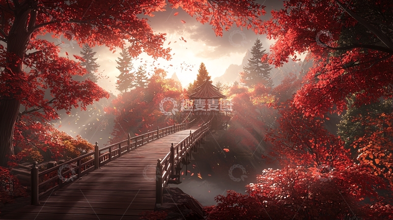 高清大图下载【趣麦麦图】秋日红叶小桥小屋