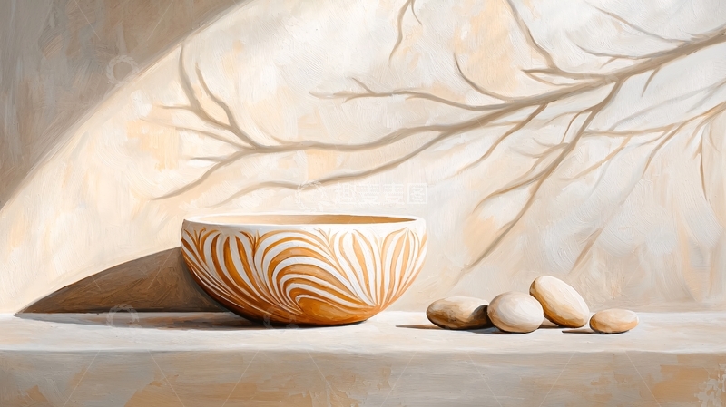 高清大图下载【趣麦麦图】米色背景下的木碗与鹅卵石