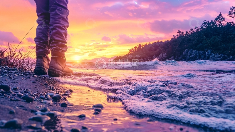 高清大图下载【趣麦麦图】海边漫步日落美景