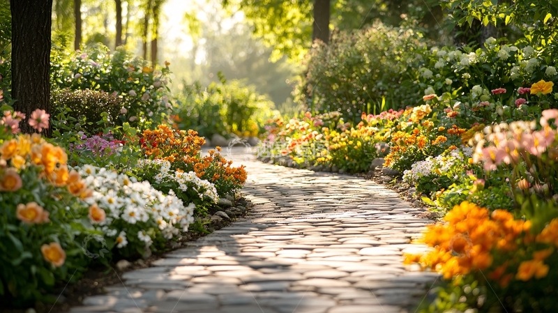 高清大图下载【趣麦麦图】阳光下花园小路鲜花盛开