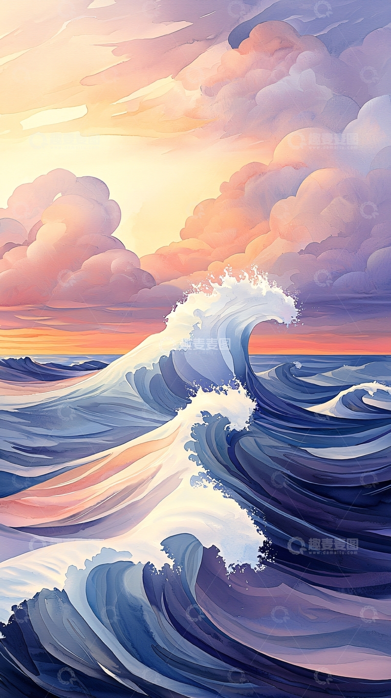 高清大图下载【趣麦麦图】水彩风格海浪日落
