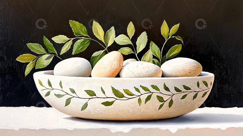 高清大图下载【趣麦麦图】石头与绿叶在碗中