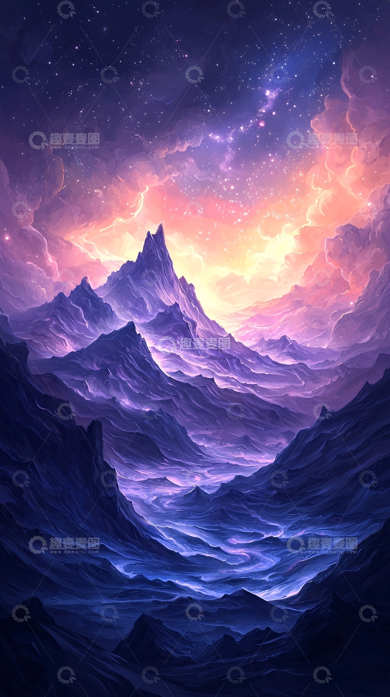 高清大图下载【趣麦麦图】紫色星空下的山脉