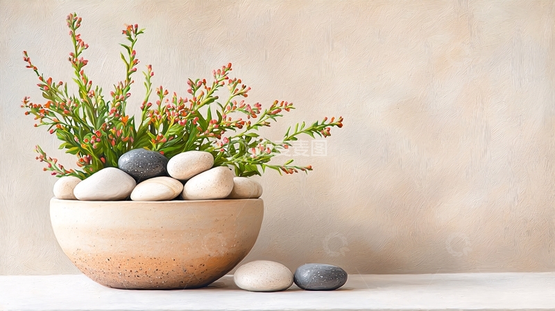 高清大图下载【趣麦麦图】植物小盆栽与白色鹅卵石