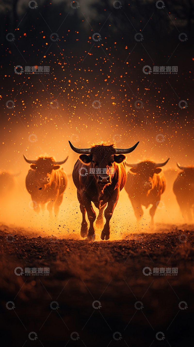 高清大图下载【趣麦麦图】奔跑牛群的金色剪影