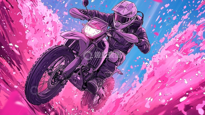 高清大图下载【趣麦麦图】骑摩托车穿梭于粉色花海