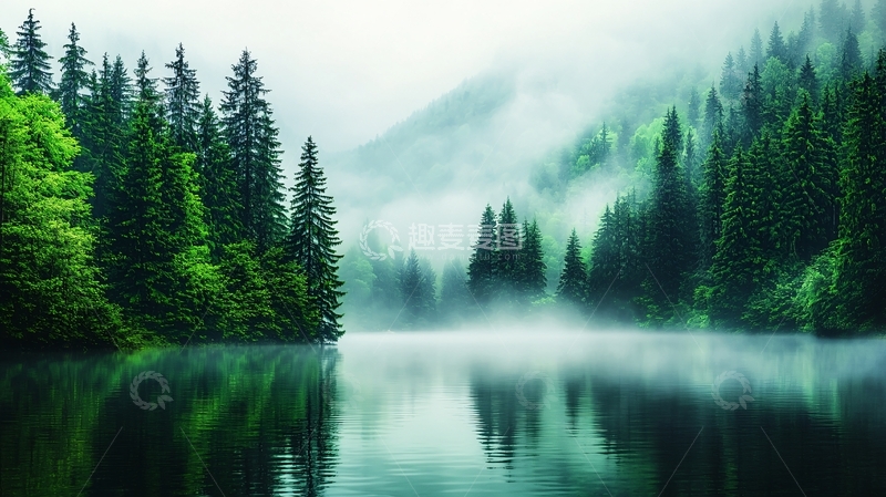 高清大图下载【趣麦麦图】宁静湖面森林山峦云雾缭绕