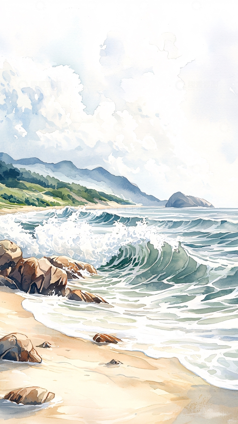 高清大图下载【趣麦麦图】水彩海滩山景