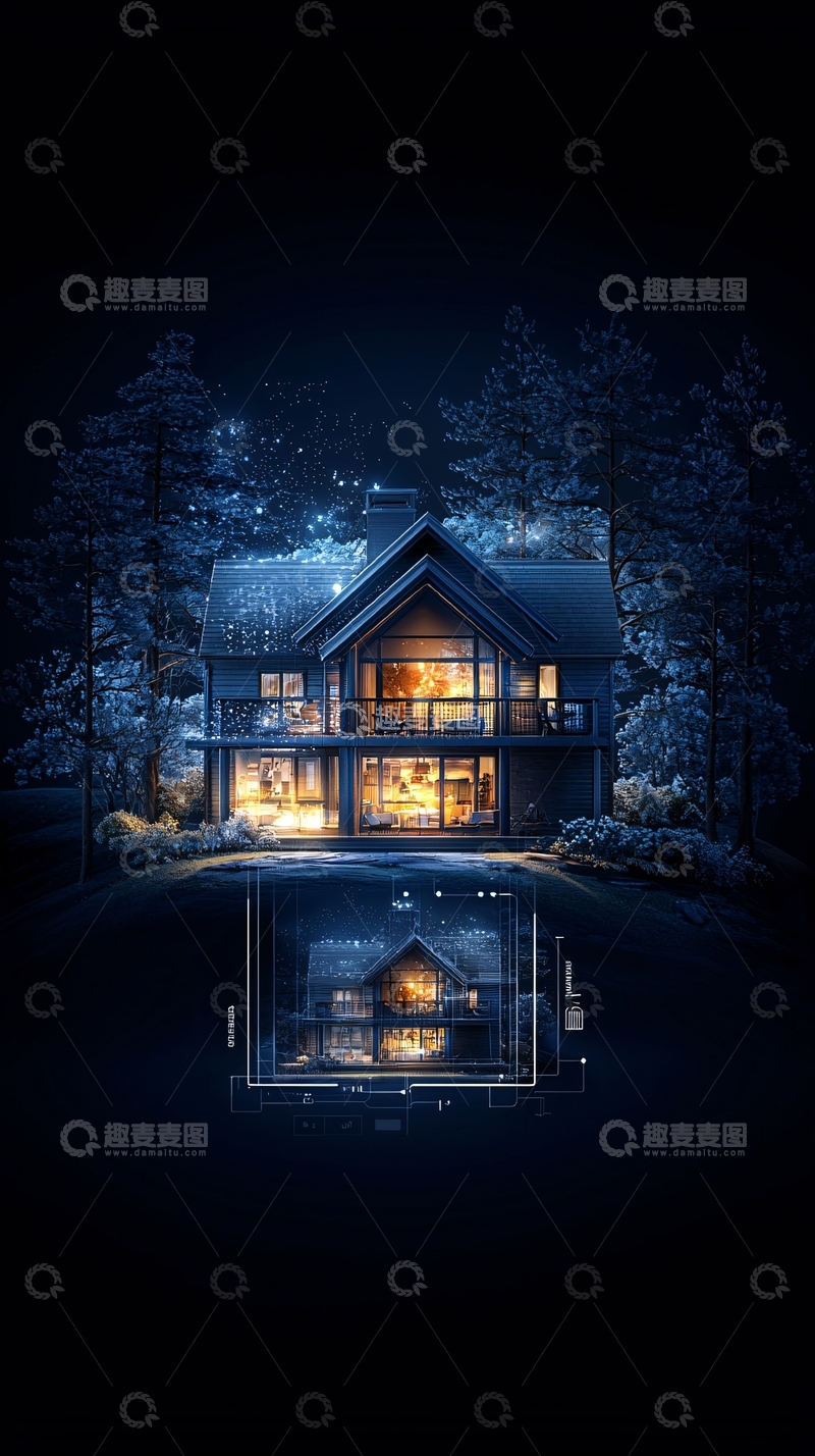 高清大图下载【趣麦麦图】夜色中湖边小屋