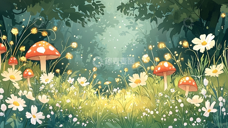 高清大图下载【趣麦麦图】梦幻蘑菇花朵草地场景
