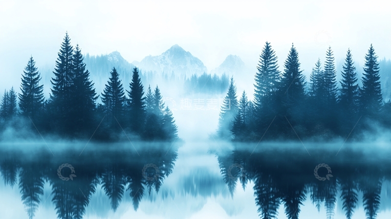 高清大图下载【趣麦麦图】宁静雾霭森林湖泊山脉