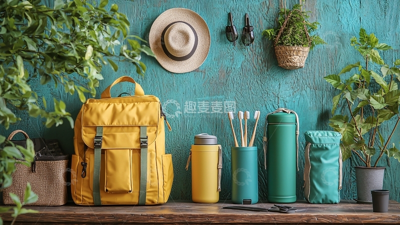 高清大图下载【趣麦麦图】背包和水瓶静物摆拍