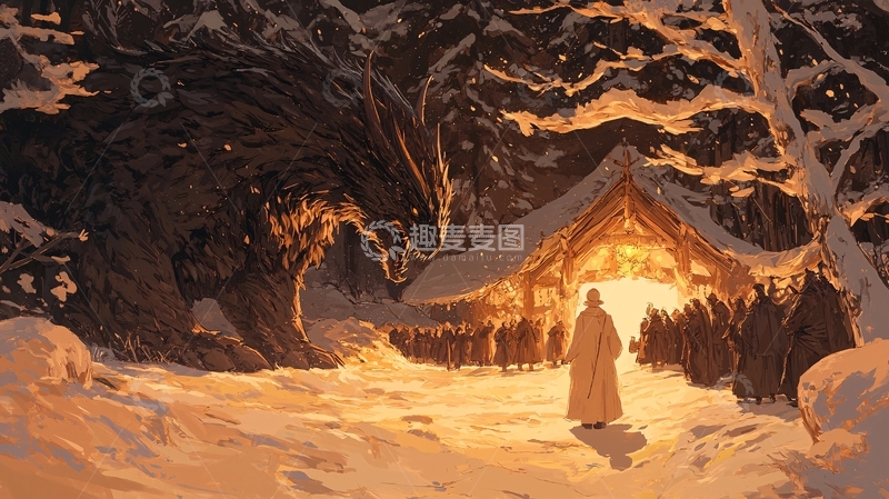 高清大图下载【趣麦麦图】雪夜小屋前高清图片