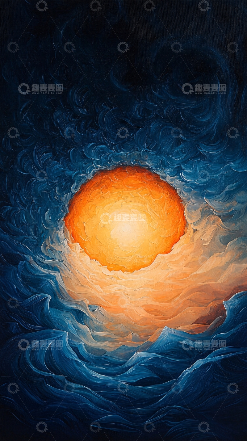 高清大图下载【趣麦麦图】火焰般的太阳在蓝色漩涡中
