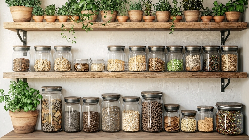 高清大图下载【趣麦麦图】厨房货架上的罐子和植物