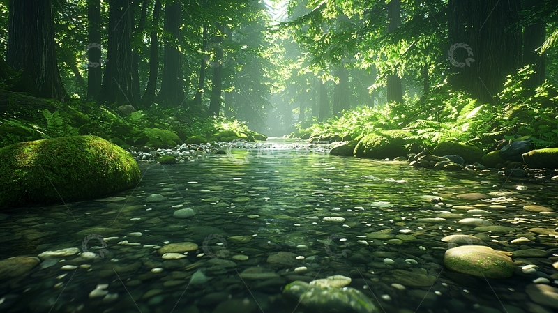 高清大图下载【趣麦麦图】森林溪流阳光穿透