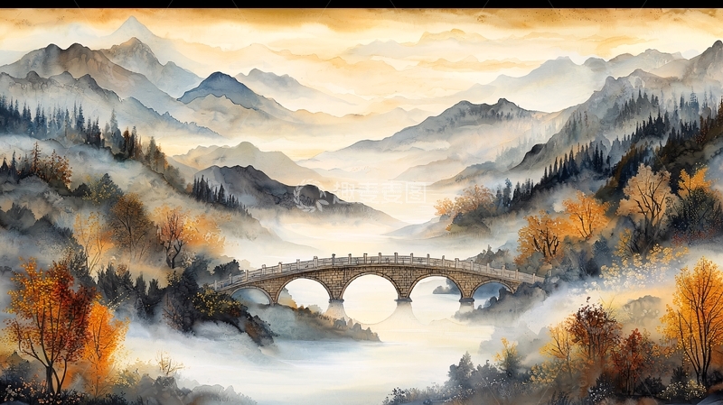 高清大图下载【趣麦麦图】山水云雾缭绕的桥梁景色