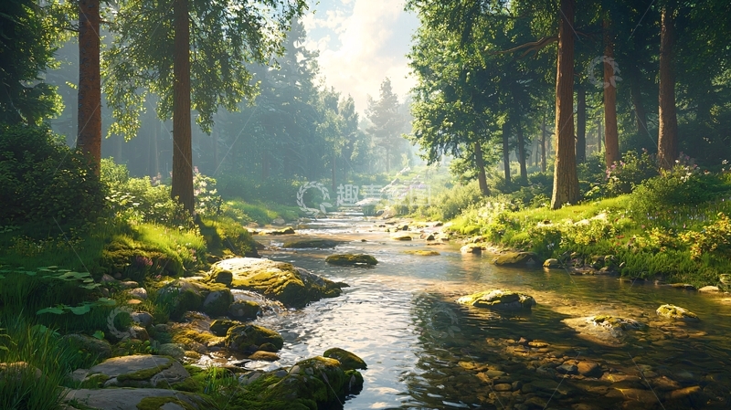 高清大图下载【趣麦麦图】森林小溪阳光明媚的景色