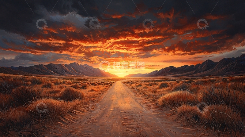 高清大图下载【趣麦麦图】日落时分的荒野之路