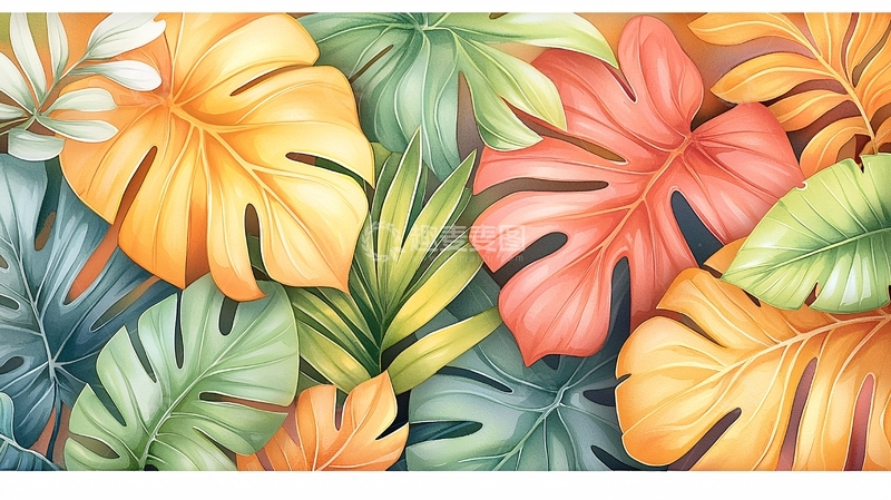 高清大图下载【趣麦麦图】彩色热带叶子背景图