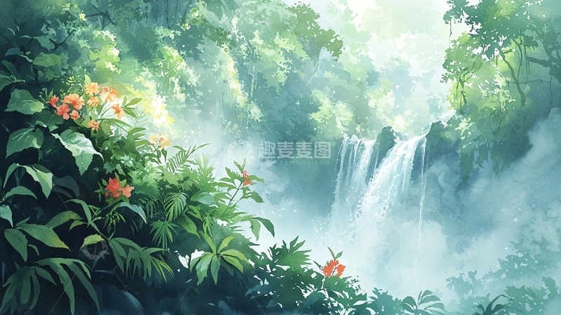 高清大图下载【趣麦麦图】绿意盎然的瀑布景观