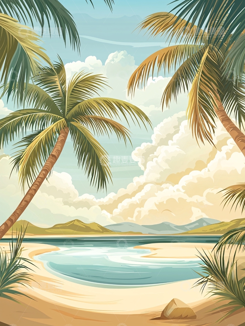 高清大图下载【趣麦麦图】海滩椰树唯美治愈风景
