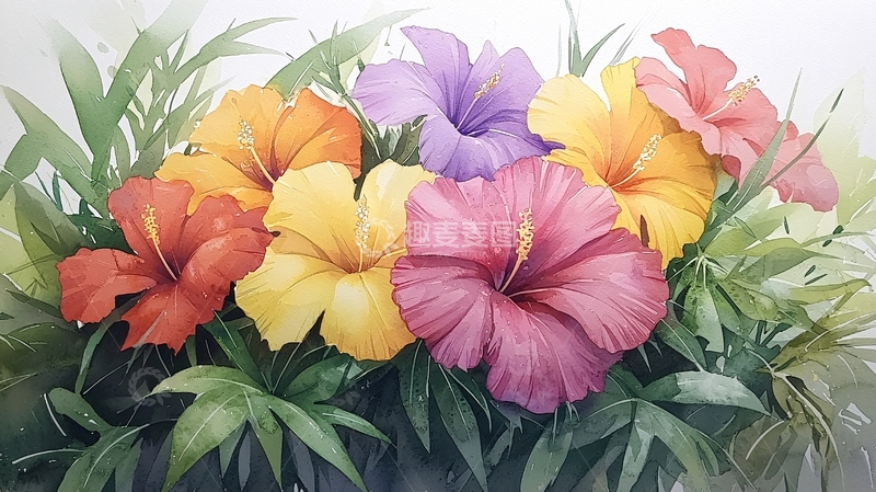 高清大图下载【趣麦麦图】色彩鲜艳的扶桑花丛