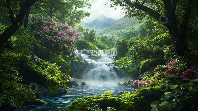 高清大图下载【趣麦麦图】郁郁葱葱的森林瀑布