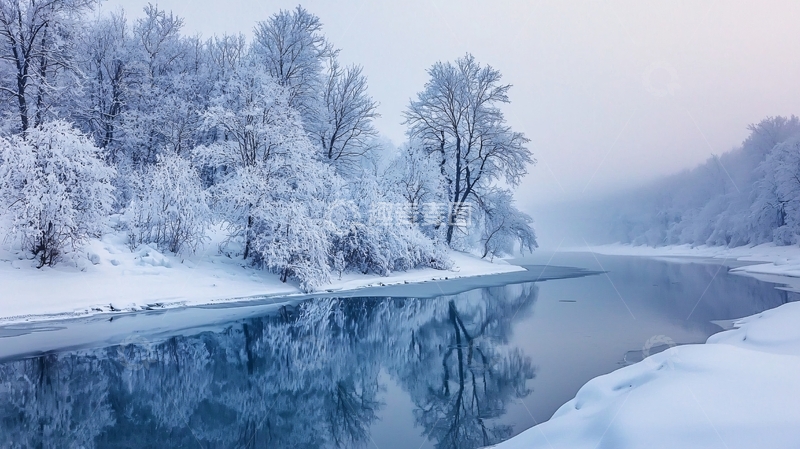 高清大图下载【趣麦麦图】冰雪覆盖的河流与树木
