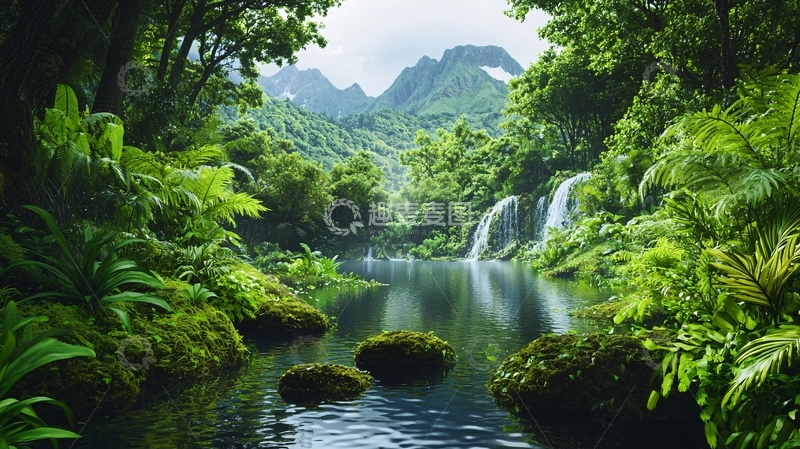 高清大图下载【趣麦麦图】热带雨林中的瀑布和河流