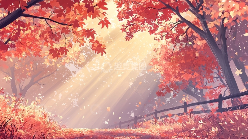 高清大图下载【趣麦麦图】秋日阳光洒在红叶林
