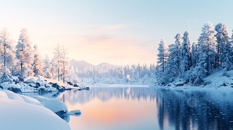 高清大图下载【趣麦麦图】宁静的雪景湖面