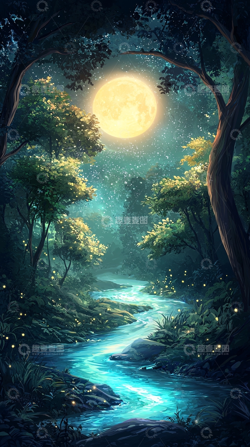 高清大图下载【趣麦麦图】月光下的森林小河