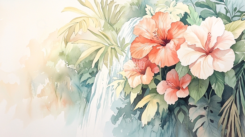 高清大图下载【趣麦麦图】热带花卉和绿色叶子水彩画