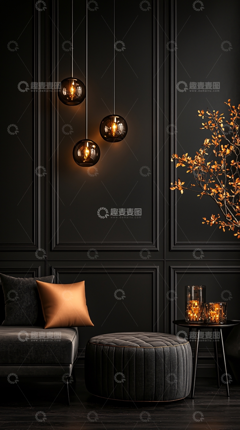 高清大图下载【趣麦麦图】黑色背景下的球形吊灯