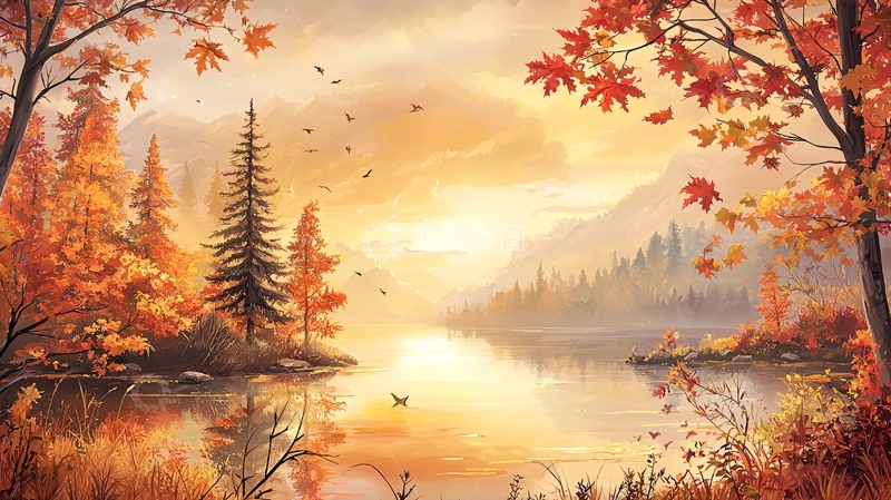 高清大图下载【趣麦麦图】秋日湖畔的宁静画卷