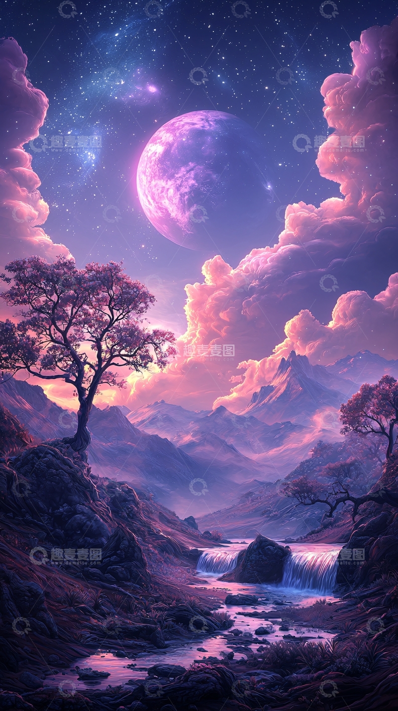 高清大图下载【趣麦麦图】紫色梦幻星空月亮