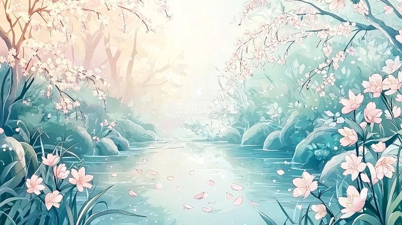 高清大图下载【趣麦麦图】动漫风格的春日小溪风景