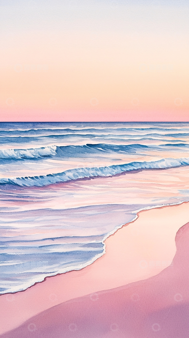 高清大图下载【趣麦麦图】粉色海滩与柔和海浪