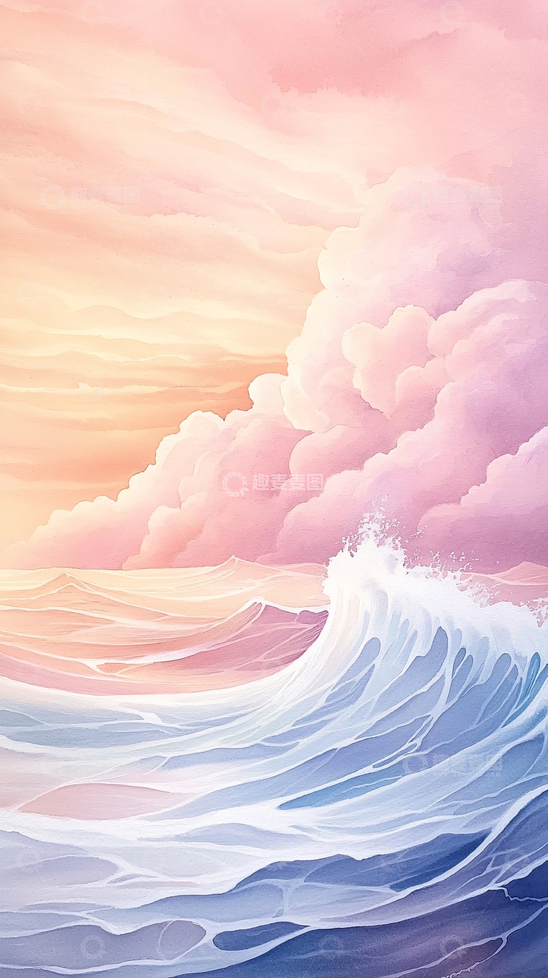 高清大图下载【趣麦麦图】粉色云朵下的海浪