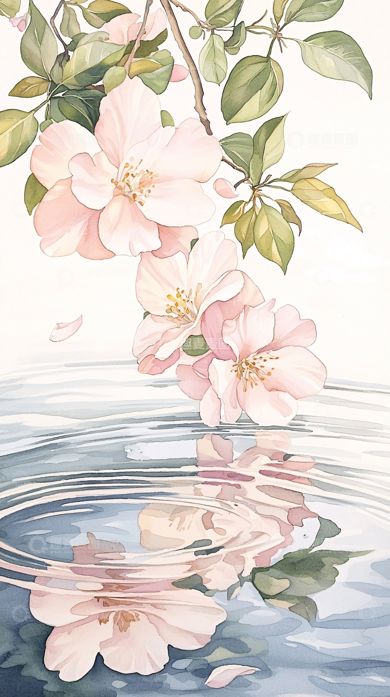高清大图下载【趣麦麦图】水面倒影的淡粉色花朵
