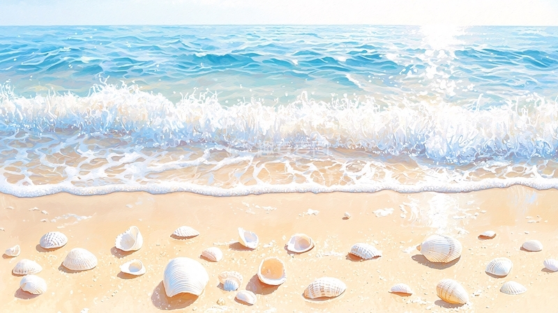 高清大图下载【趣麦麦图】海滩波浪与贝壳