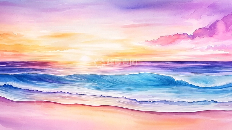 高清大图下载【趣麦麦图】水彩日落海滩风景